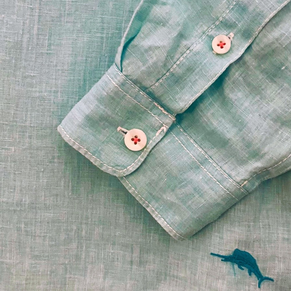 Tommy Bahama Relax Mens Large 100% Linen Shirt Aqua Blue Button Up, Beach Summer - Picture 9 of 12